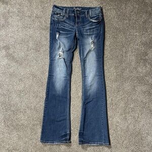 Amethyst Jeans Women's Distressed Flare Jeans in Dark Blue